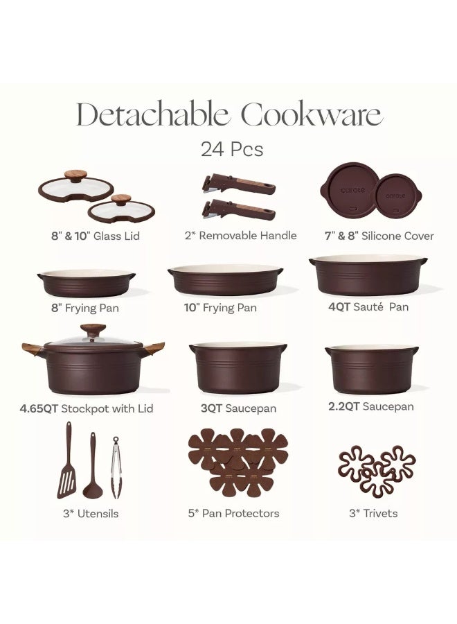 كاروت طقم أواني كاروت 24 قطع سيراميك غير لاصق بمقابض قابلة للفصل، خالٍ من PFAS لطهي صحي، تصميم قابل للتكديس مع فتحات صب، متوافق مع جميع المواقد وآمن لغسالة الصحون (شوكولاتة) - Image 2